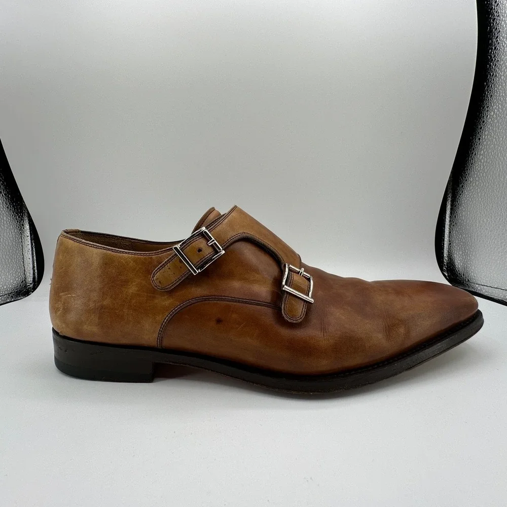 Magnanni Double Buckle‎ Monk Strap Shoes Mens 10M Ramolo Tobacco Brown Leather